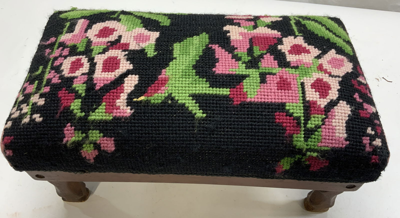 Hand Crafted Needlepoint Wood Stool, Hummingbird (1 of 7)