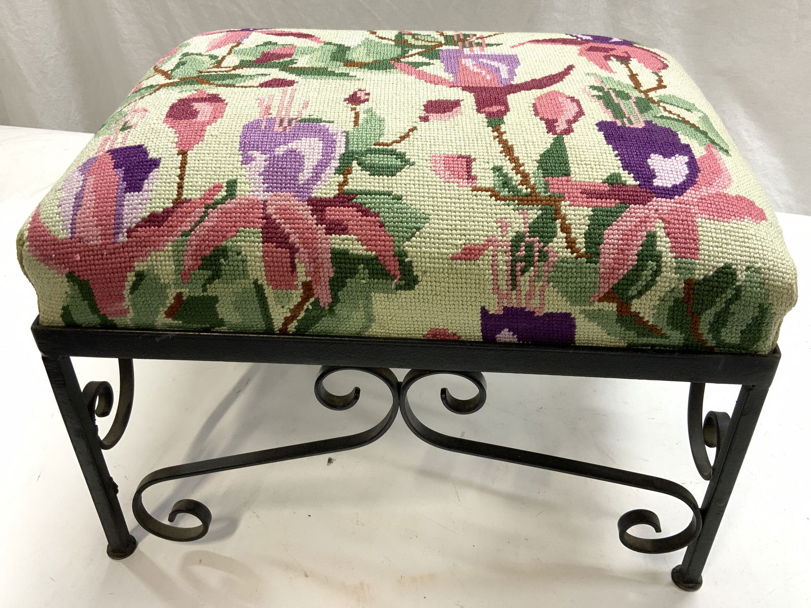 Needlepoint Foot Stool on Iron Base (1 of 9)
