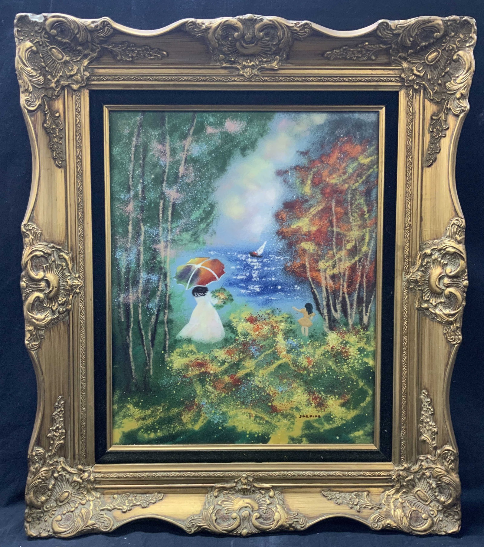 Signed Cardin Painting On Copper, Framed: Signed on lower right corner, possibly reads Cardin Depicts a landscape of a woman and child in a grassy field with a view of a lake with a sail boat in the distance. Framed in an ornately carved wood