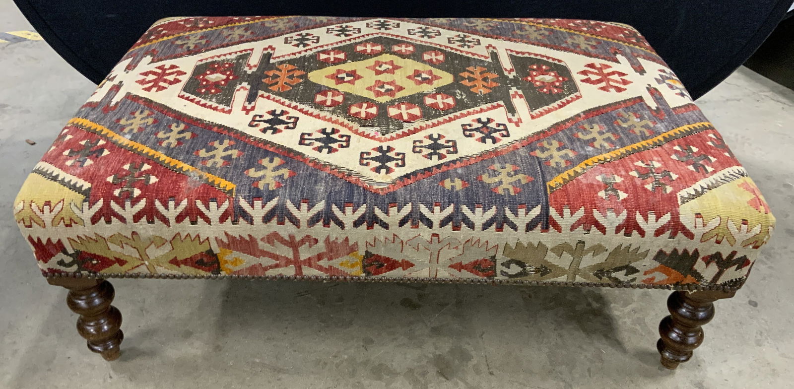 Vintage Kilim Wool Upholstered Footed Ottoman (1 of 10)