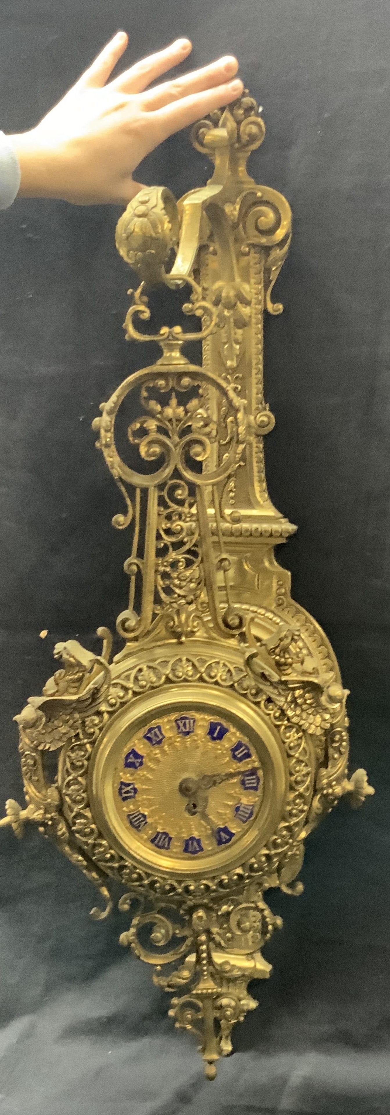French Style Brass & Enamel Wall Clock, Spain 31in (1 of 17)