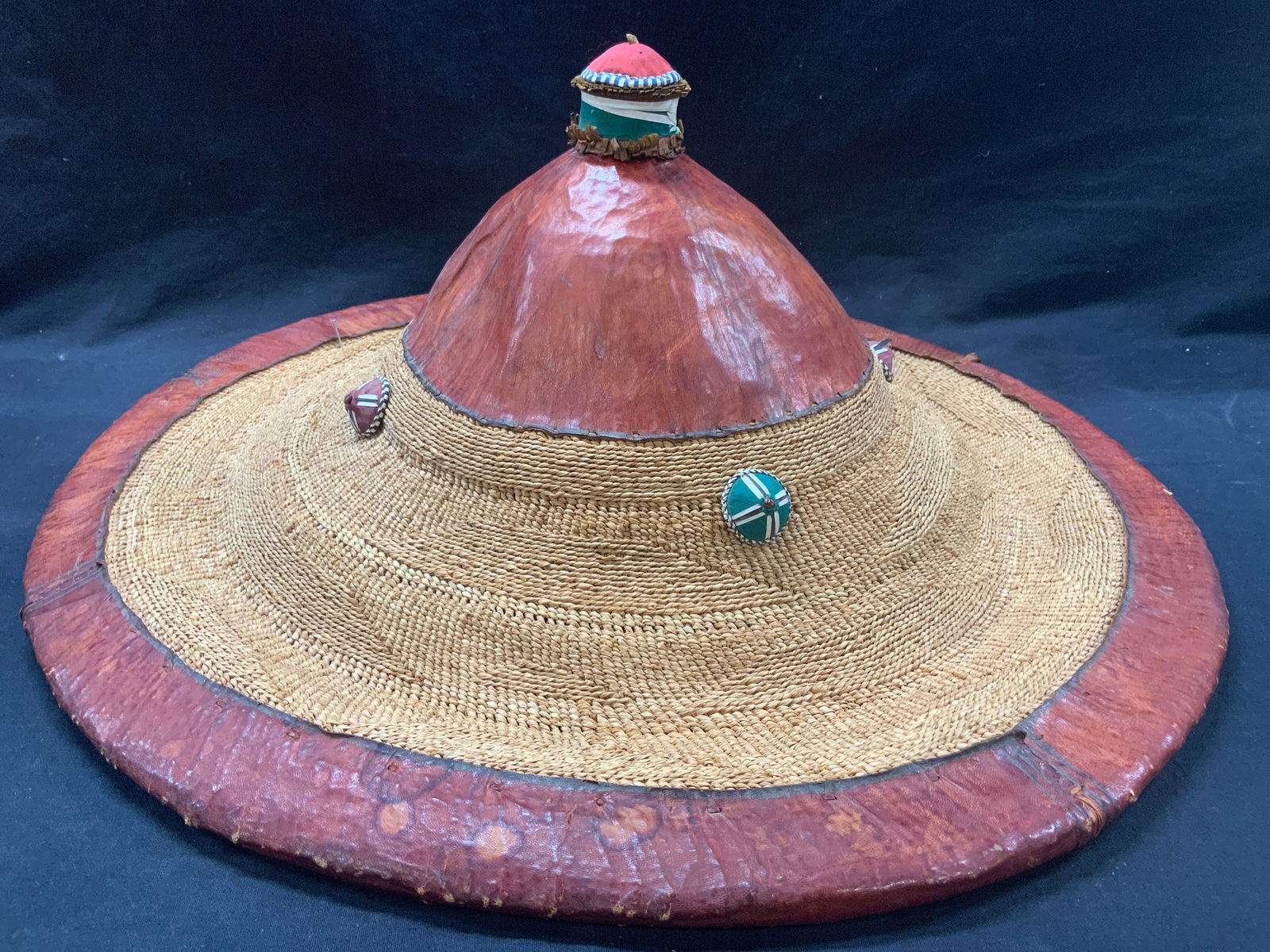 West African Leather & Woven Fiber Fulani Hat 23in (1 of 10)