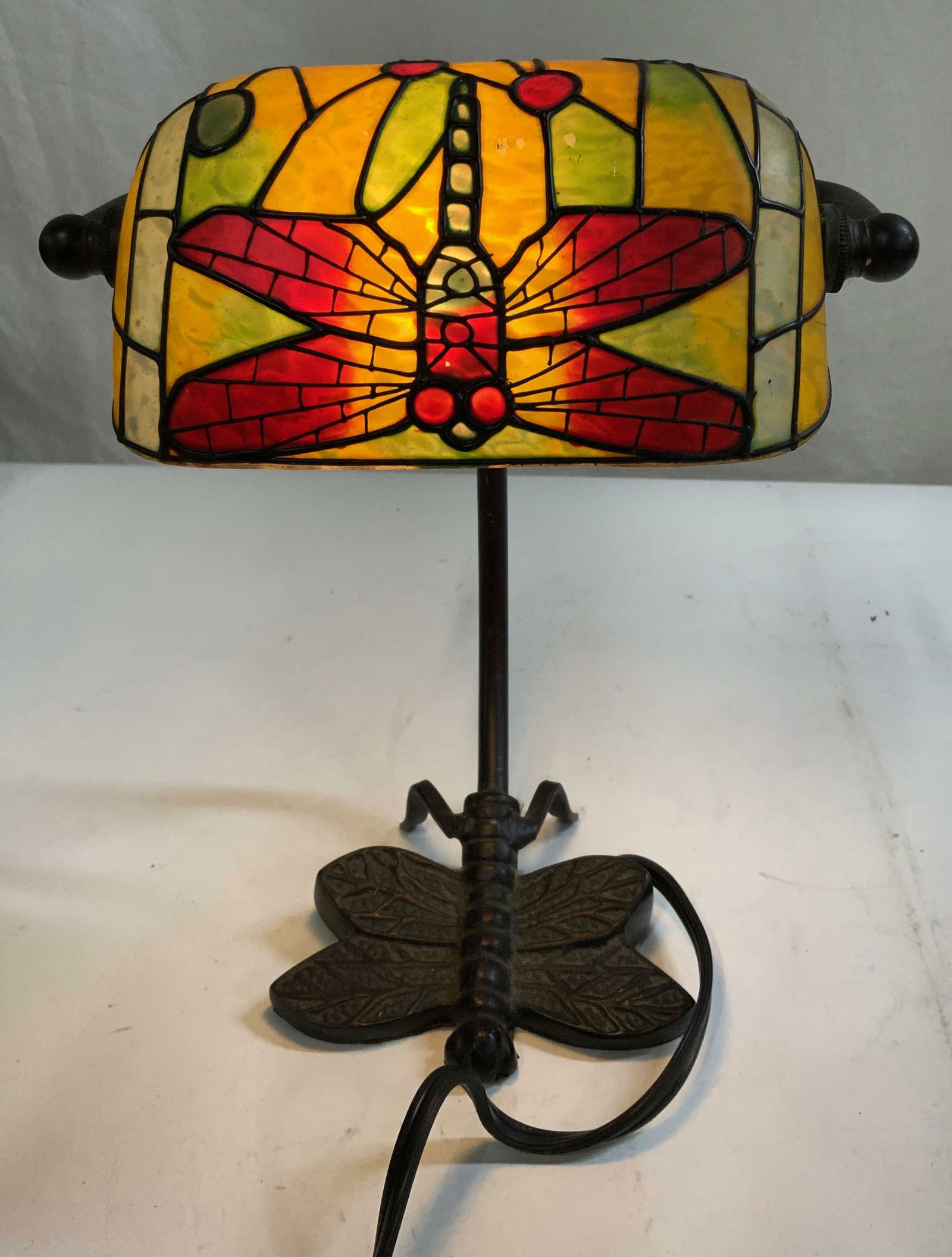 Tiffany Style Dragonfly Slag Glass Desk Lamp (1 of 8)