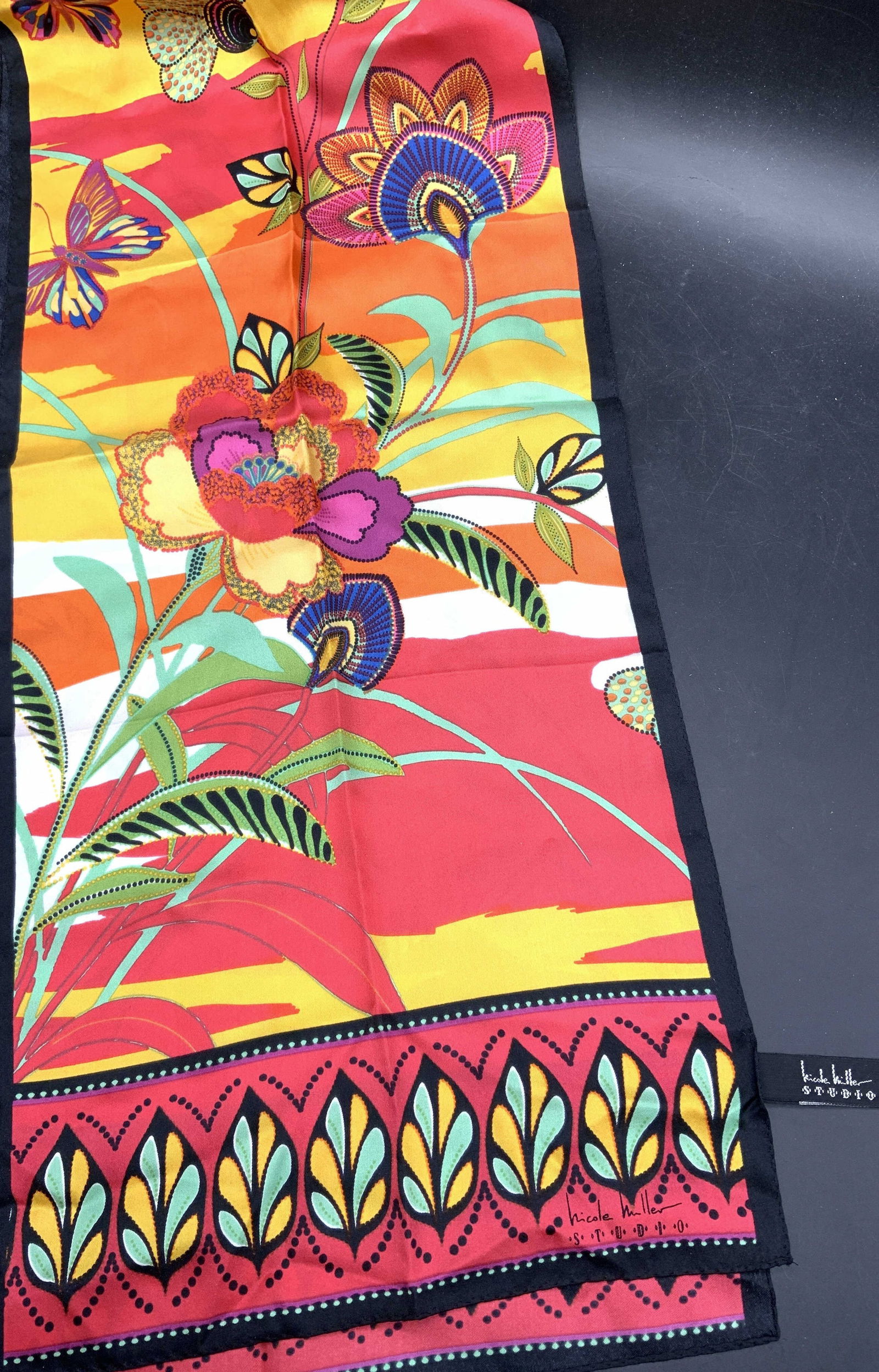 Nicole Miller Silk Scarf, Flowers Butterflies 53in (1 of 6)