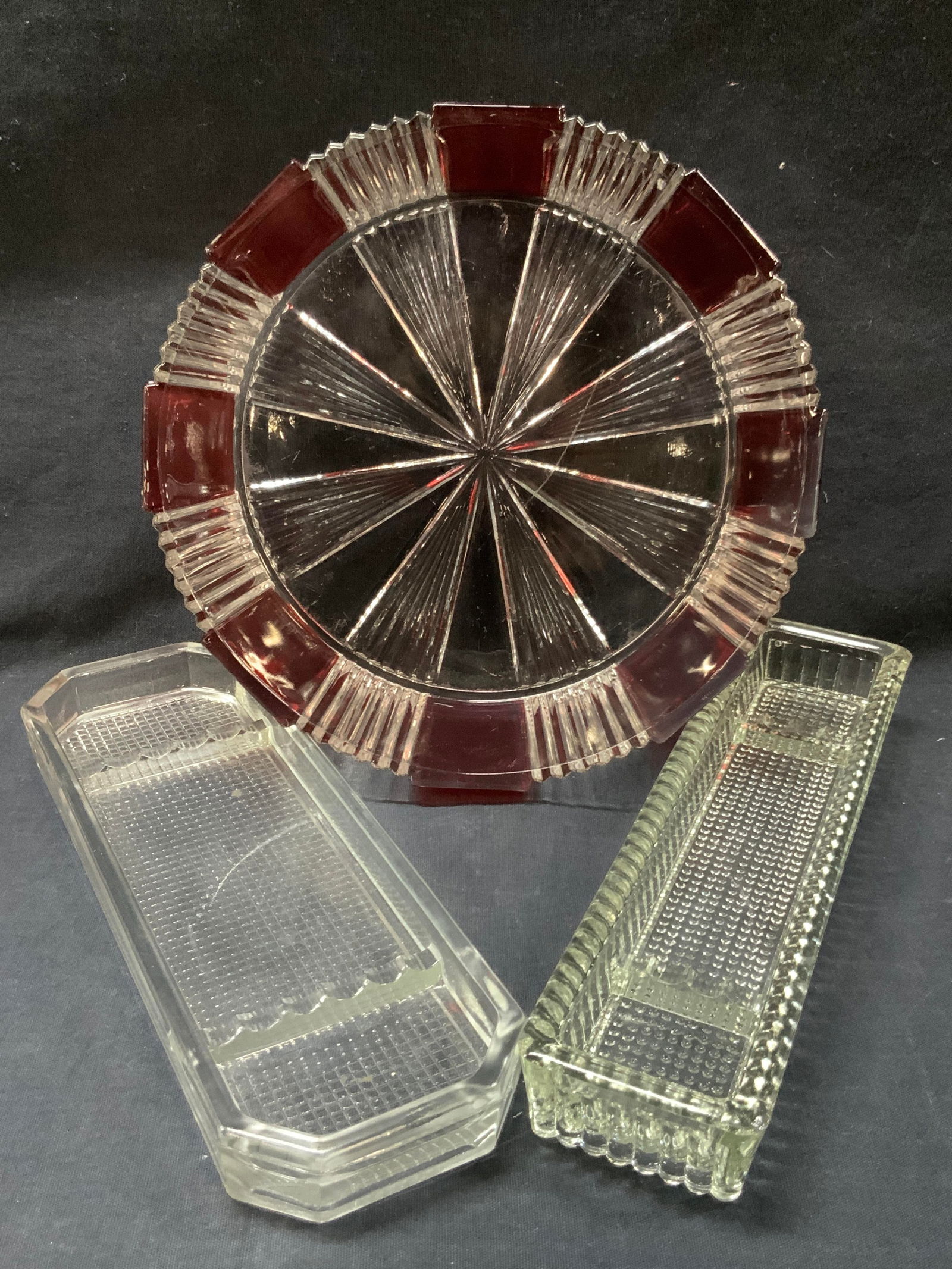 Lot 3 Glassware Trays & Color Glass Bowl (1 of 9)