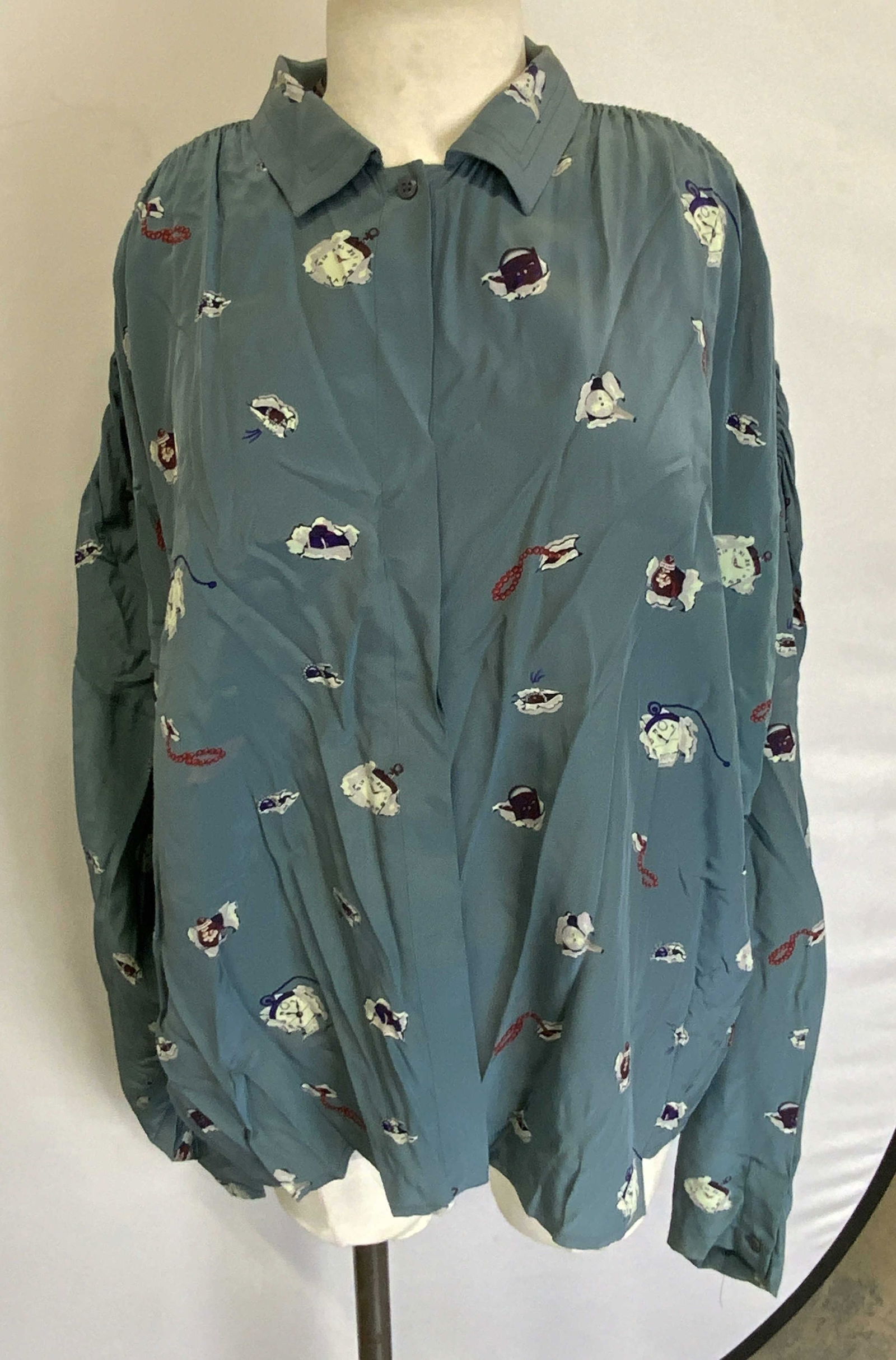 Blue Pure Silk Graphic Print Button Up Top (1 of 7)