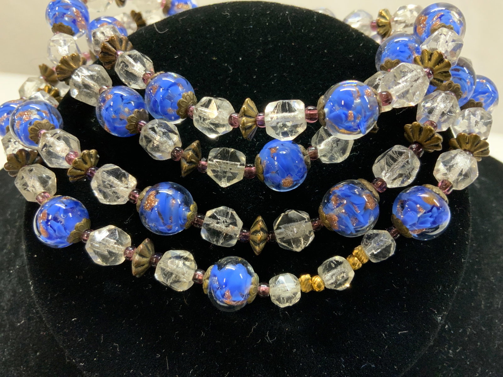 Art Glass Bead Handmade Necklace, Jewelry: Art glass beads with a swirl of blue and glittery bronze. Handmade necklace , alternating with clear faceted beads and glass beads. 14 in. Drop. Vintage jewelry, glass bead necklace, hand made bead ne