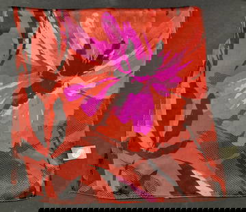 Vince Camuto Silk Scarf 68in: Red and magenta florals and geometric silk scarf marked Vince Camuto, 100% Silk. Approx 68 x 14 inches. Minor wearing to threading on scarf. Vince Camuto scarf, silk scarf, silk accessories, silk wear
