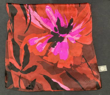 Vince Camuto Silk Scarf 68in: Red and magenta florals and geometric silk scarf marked Vince Camuto, 100% Silk. Approx 68 x 14 inches. Minor wearing to threading on scarf. Vince Camuto scarf, silk scarf, silk accessories, silk wear