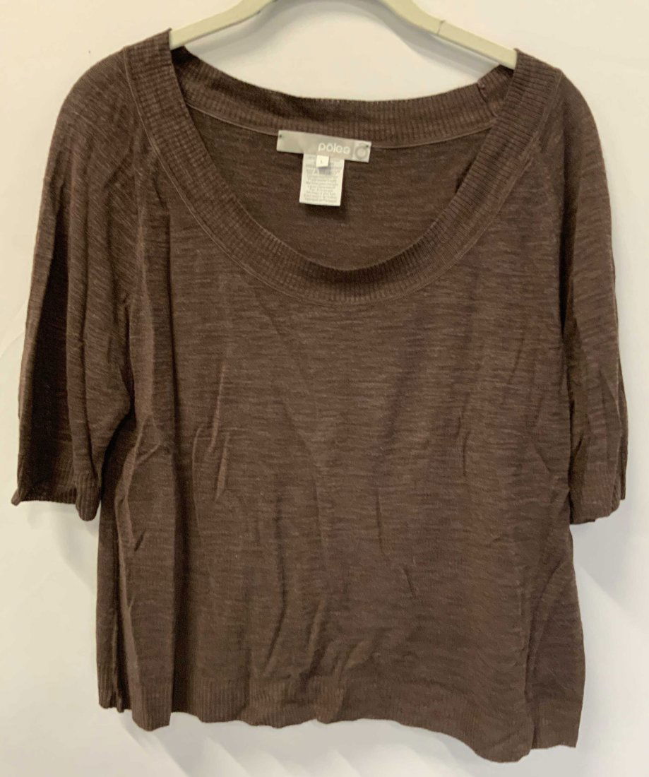 POLES Semi Sheer Brown Shirt: A brown semi sheer shirt with cropped sleeves. Measures approx. 21.25 inches in length, measured flat. Tags read POLES, L, 74% VISCOSE, 13% LINEN, 13% POLYAMIDE. Some wear consistent with age and use.
