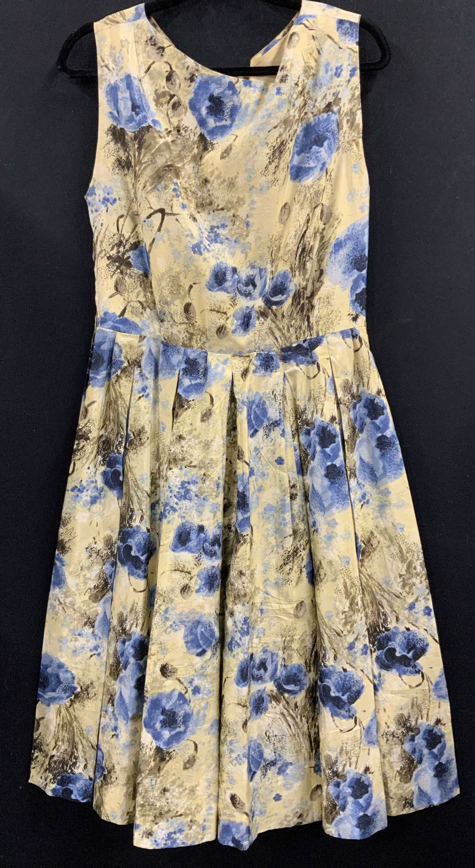 Handmade Pleated Skirt Summer Dress, Belt: Blue floral sleeveless dress, handmade. Abstract mocha and chocolate design on pastel creamy background. Textured satiny polyester fabric with upper body cotton lining. Some wear to fabric with a smal