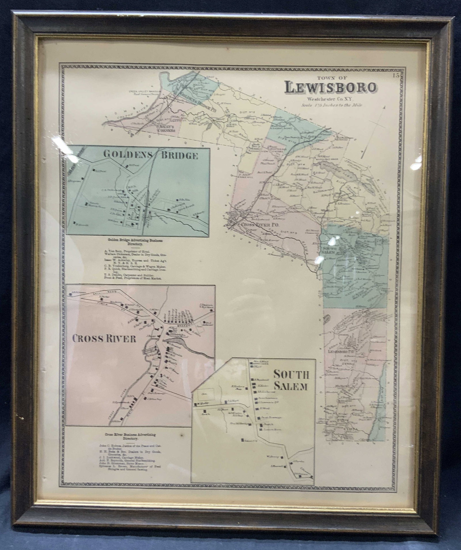 Vntg Town Of Lewisboro NY Illustrated. Geographical Map: Vintage silk screen of a colored geographical map of the Town of Lewisboro Westchester NY. Showing sections of Goldens bridge, Cross River and South Salem. From the cross river business advertising Di