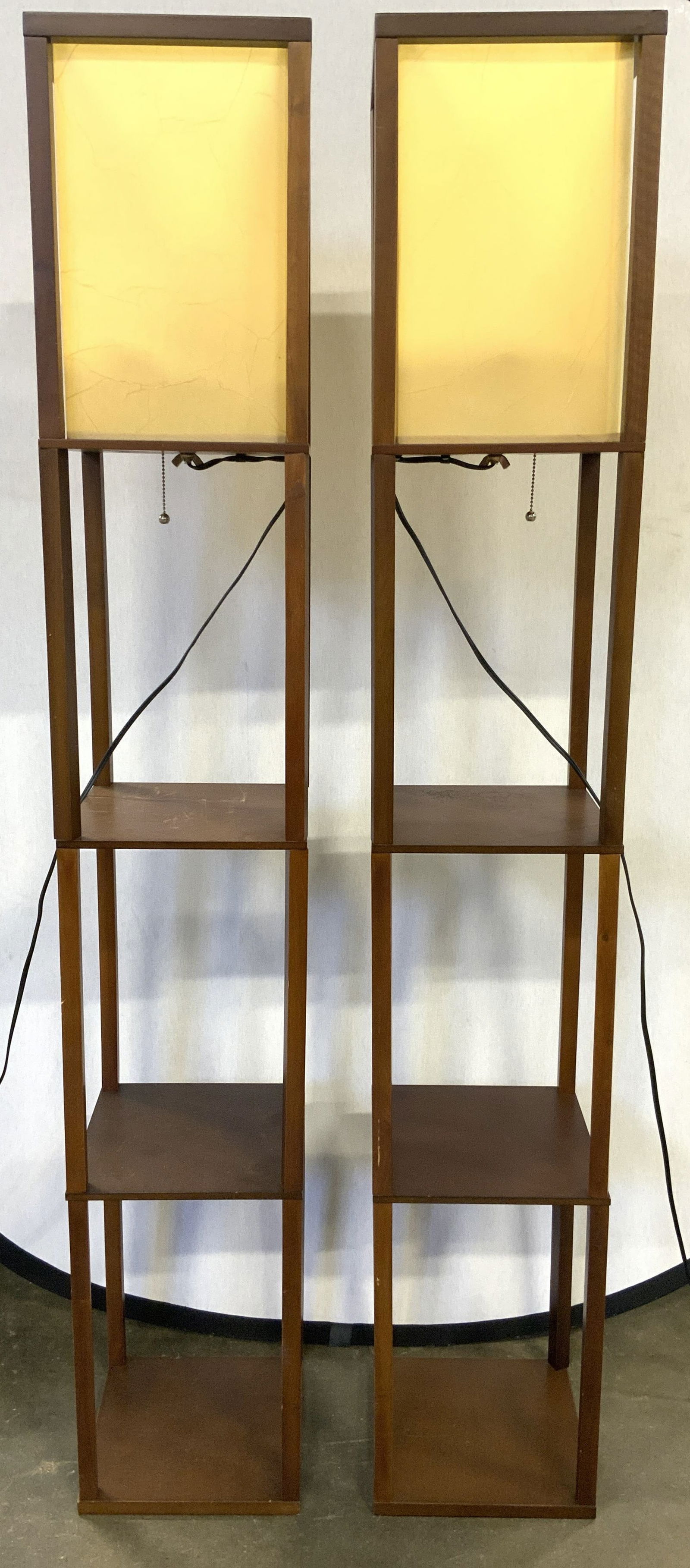 Pair Wooden Shelf Floor Lamps W Shades 63in (1 of 7)