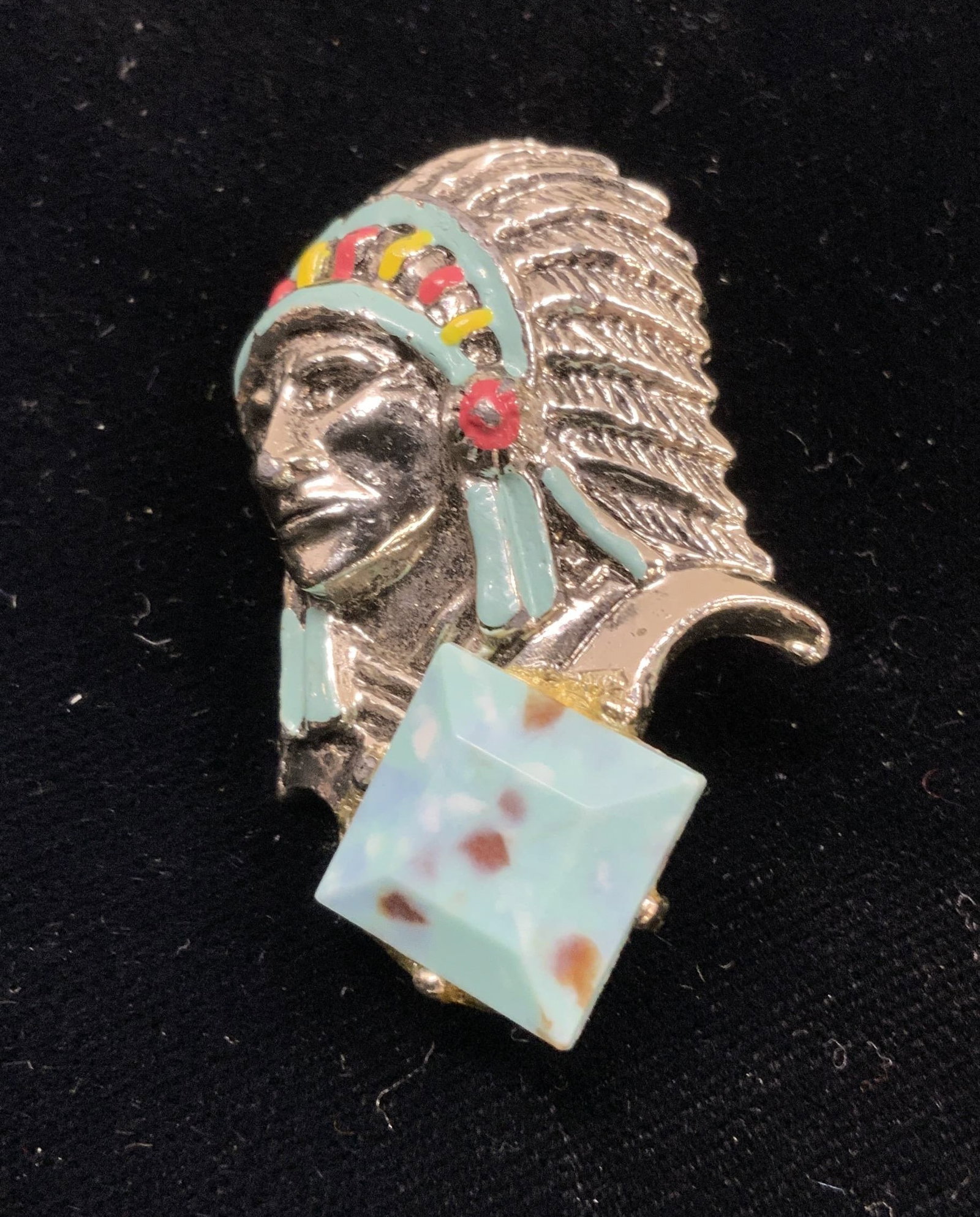 Silver Native American Chief Brooch: Silver and enamel Native American Chief Brooch. Tests positive for some silver content. Possibly .800 silver or .800 silver plated. Hand crafted. 1.5 x 7/8 in., Native American Brooch, Native American