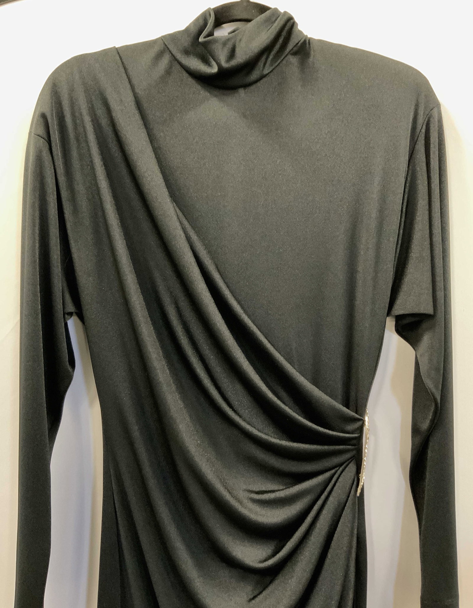 Vintage Tassel Dress with Crystal Waist Accessory: Luxury dress with a slim silhouette, form fitting with a rouched side swept design fastened by a crystal accessory. Slim long sleeves. Rope tassels which begin on one size with a 33 in. drop with a di