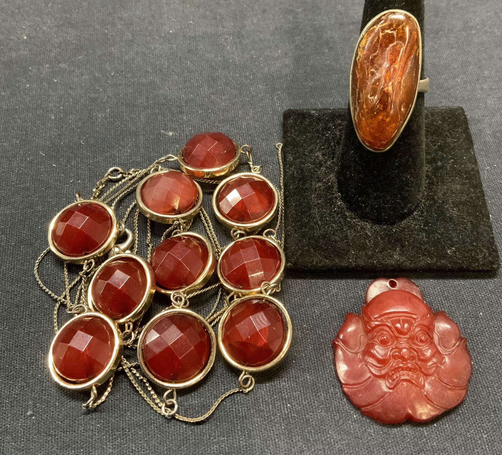 Lot 3 Amber Ring, Asian Figural Pendant, More (1 of 9)
