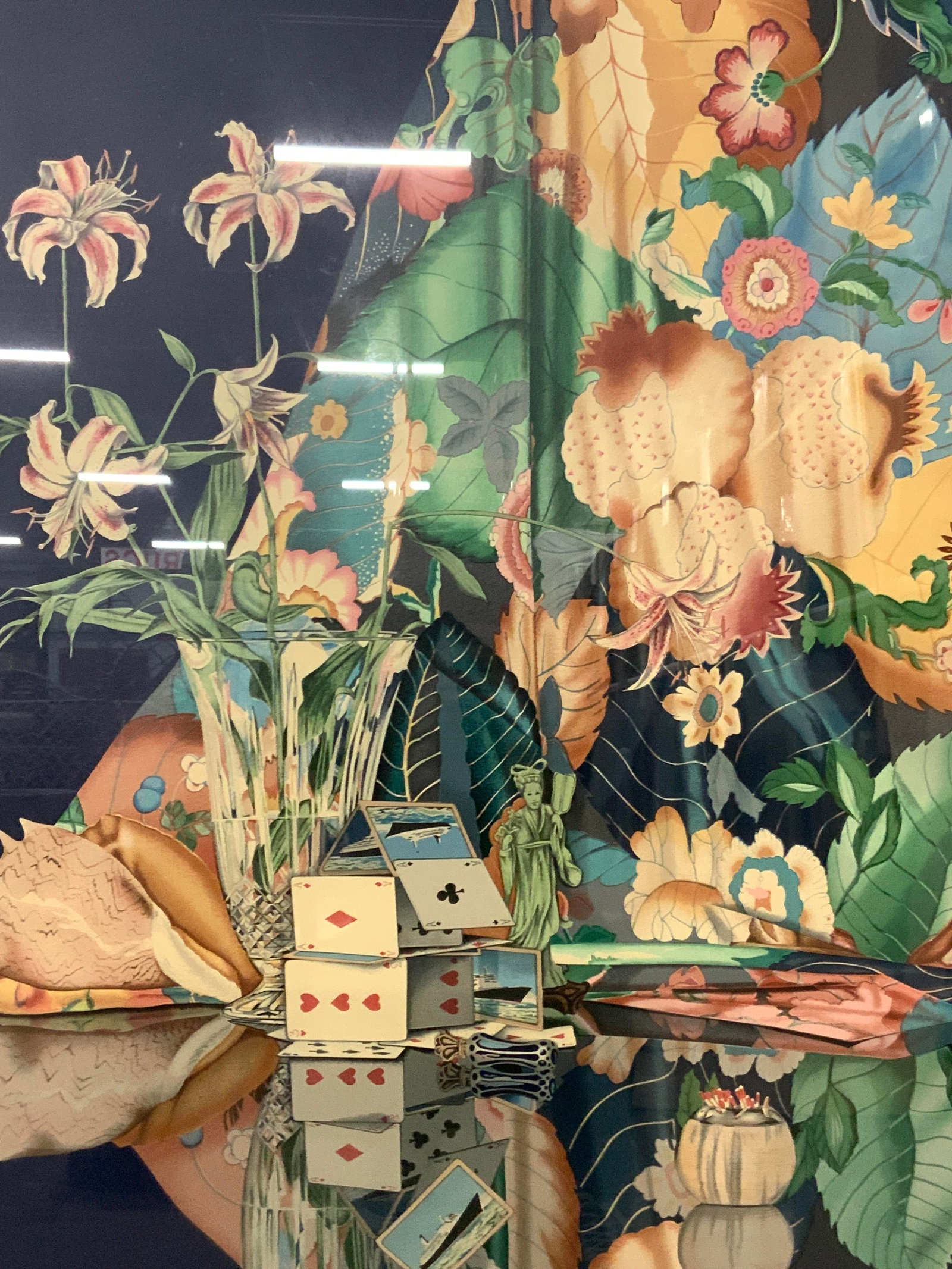XL P.S.Gordon Signed No Trump Serigraph: Approximately 4ft 6 inches x 3ft 6 inches window measures 35 x 25 inches Signed in lower right corner P.S.Gordon, 124/200 in graphite, Subject depicts vibrant textiles with flowers and a house of card