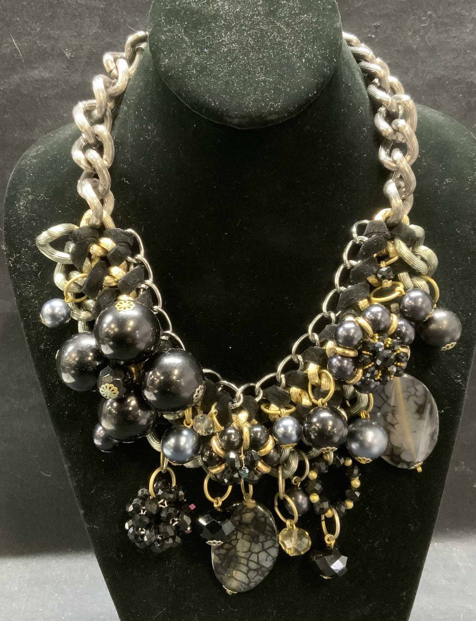 Chunky Silver Tn Black Beaded Necklace: Chunky silver tone choker necklace with black beads, crystal and faux stone decoration. Drop length approx. 9 inches. Some surface wear including scratching observed. Estate jewelry, costume jewelry, 