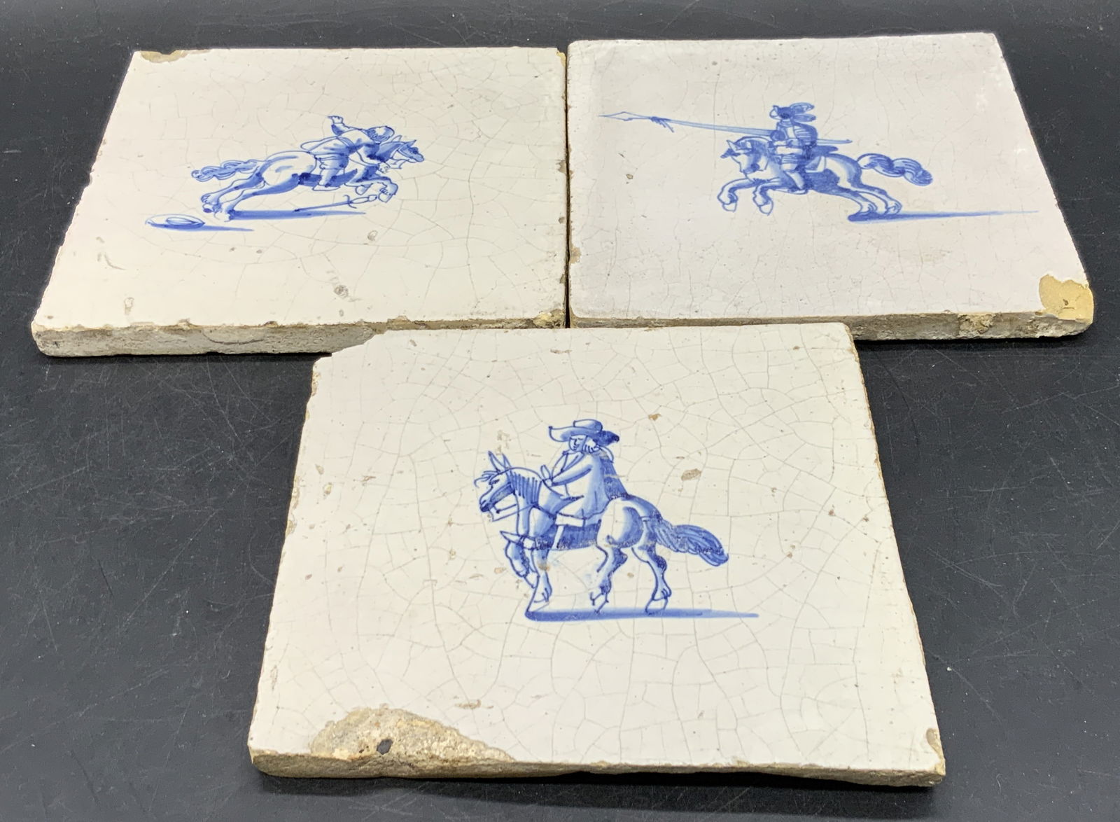 3 Antique Blue & White Delft Horseback Rider Tiles (1 of 8)