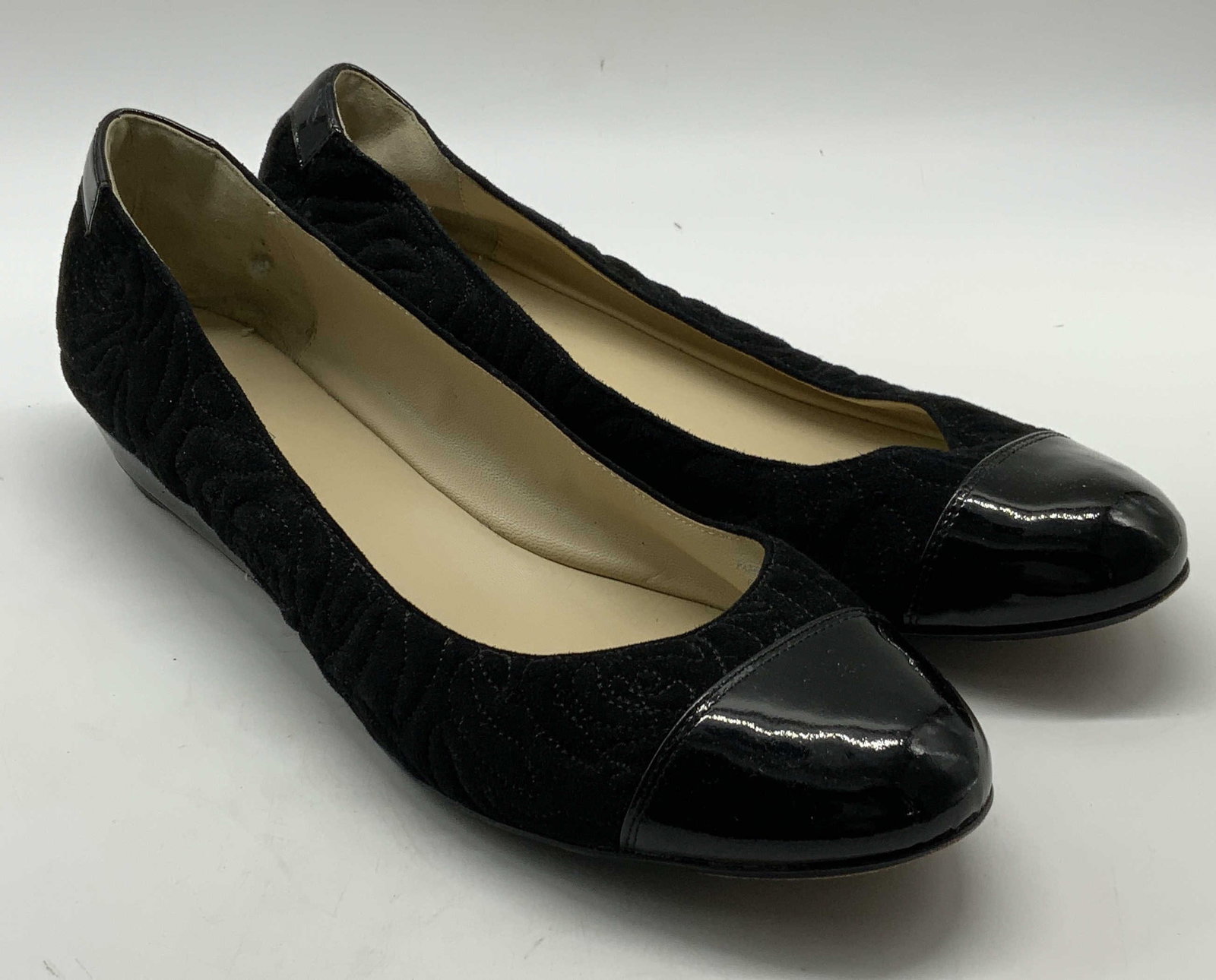 Taryn Rose Embroidered Black Suede Ballet Flats: Taryn Rose embroidered black suede and patent leather ballet flats. Size 10.5. Some wear to material and soles consistent with exposure. Includes box. Property of Manhattan Estates and Fashion industr