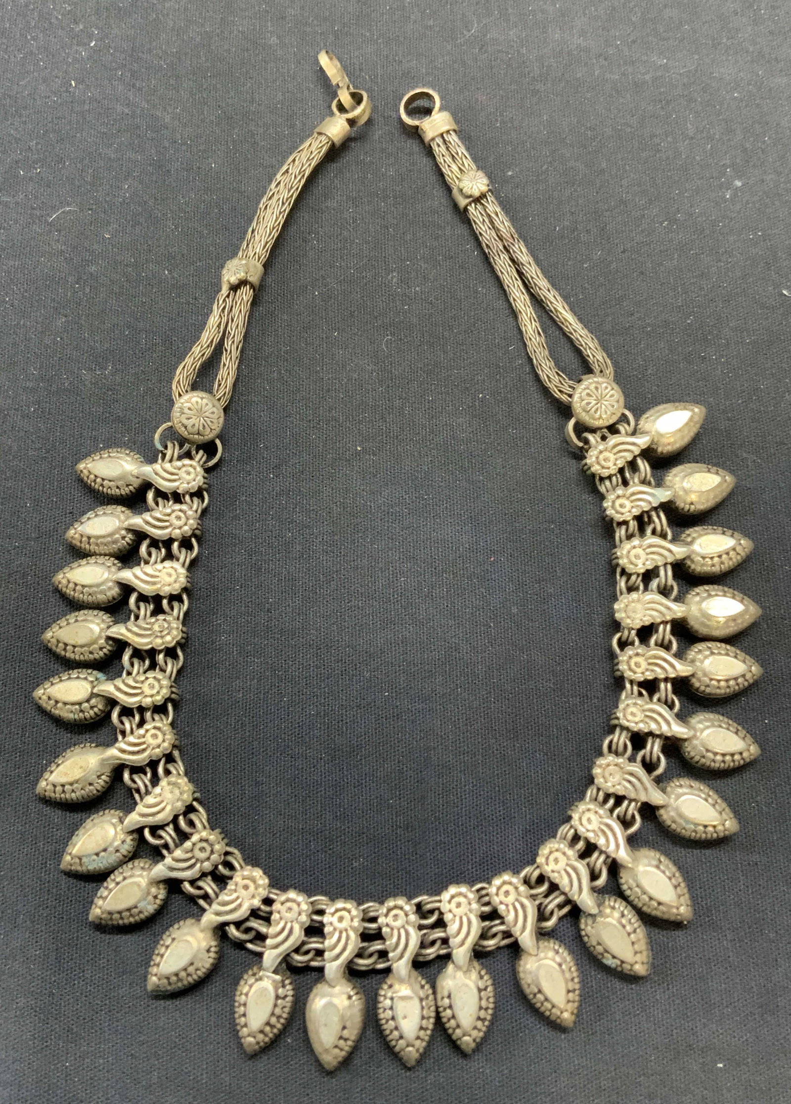 Vintage Silver Tone Pendant Choker Necklace: Vintage silver tone pendant choker necklace. Ornate embossed decoration. Drop length approx. 6.75 inches. Some surface wear including scratching observed. Estate jewelry, costume jewelry, fashion jewe