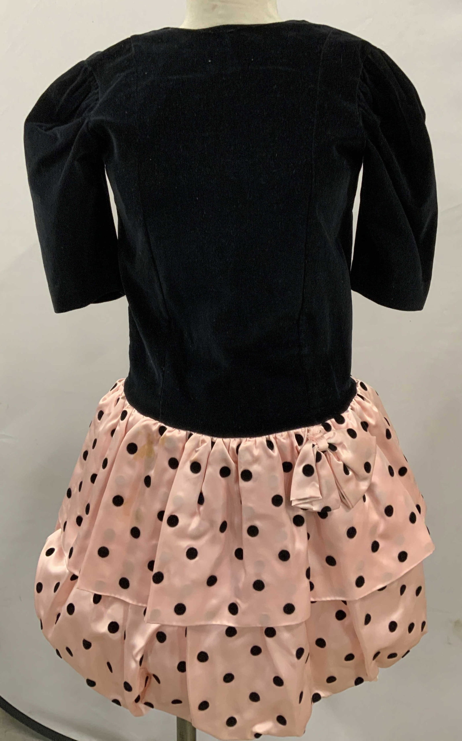Vintage Saks Fifth Ave Velvet & Polka Dot Dress: Black cotton velvet dress with plisse sleeves and poofy pink acetate lower skirt with velvet polka dots. Labeled Saks Fifth Ave. size small. Vtg ca 1980s. Vtg size 14. Spotting on acetate. Made in USA