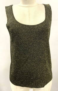 Rodier Metallic Tank Top, France: Size Med/ Large Rodier tank top, made in France.,black with gold metallic. Acrylic, cellulose, and polyester with generous stretch. Ladies wearables, metallic wearables, made in France clothing, desig