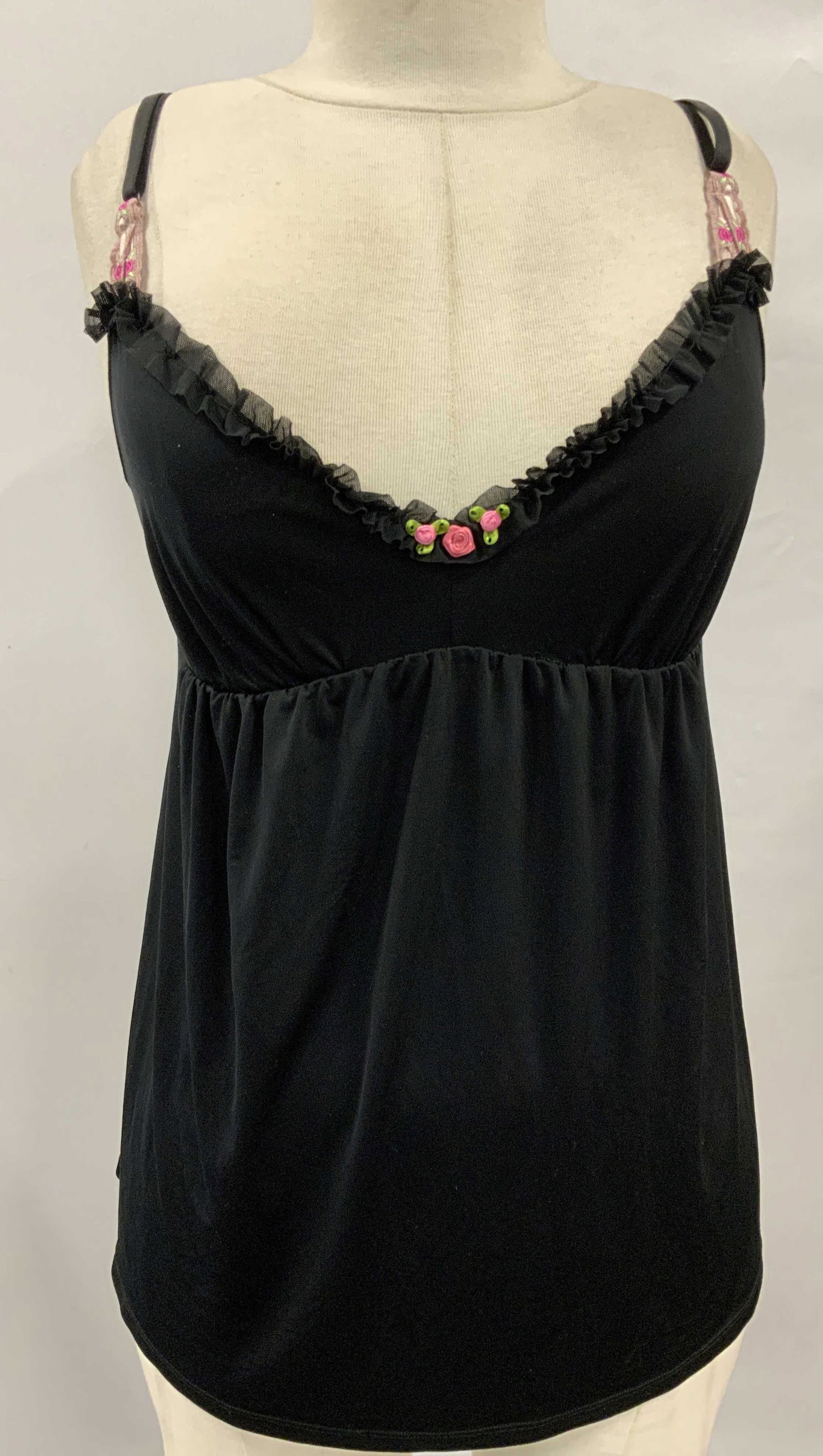 Betsy Johnson Intimate Negligee Top: Vintage Betsy Johnson Intimates black Negligee top with satin roses and embroidered roses. Adjustable straps. Ruffle chest collar. size large. Silky polyester and spandex. Ladies wearables, SEQUIN TAN