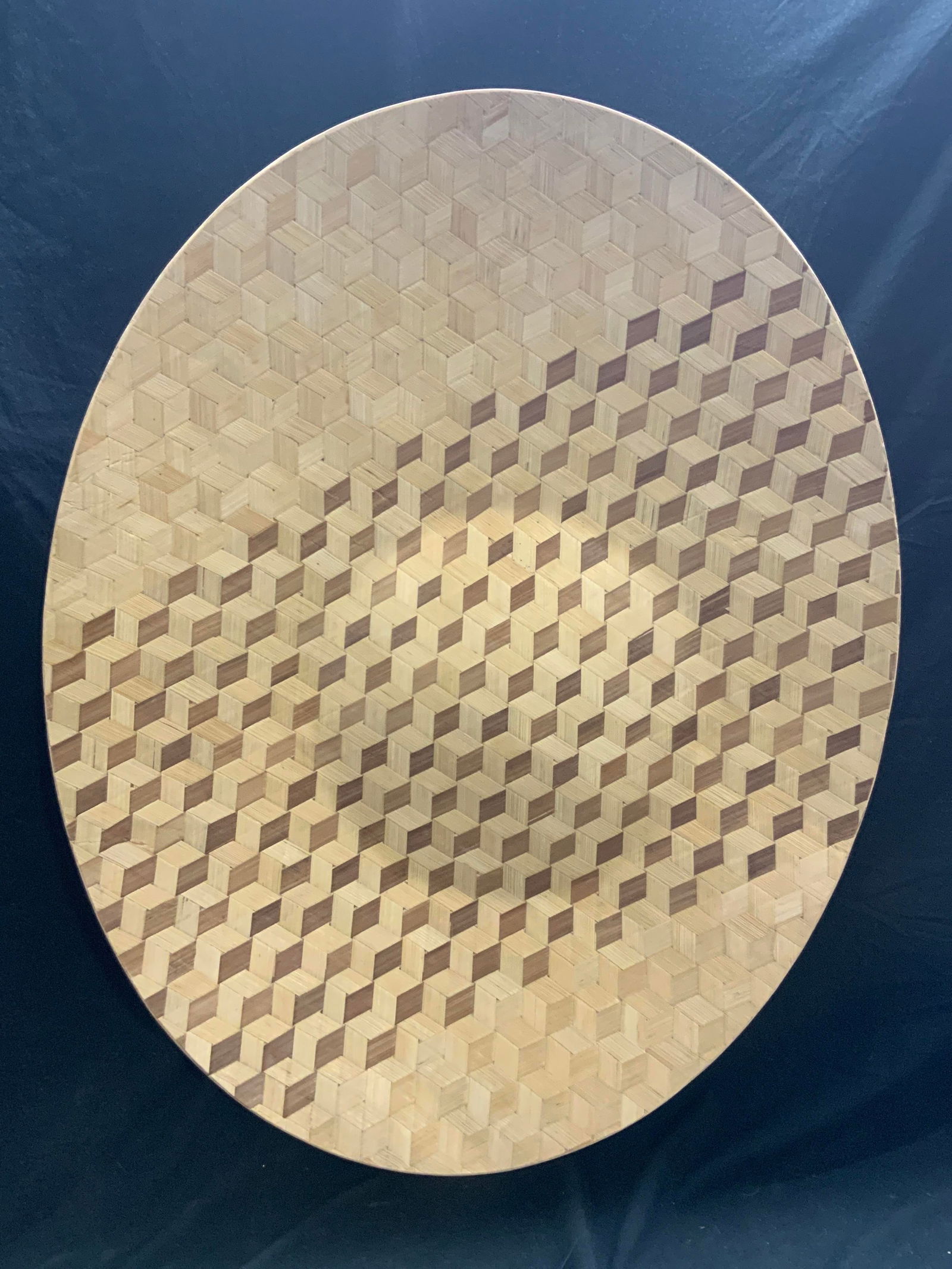 XL Cortolezzi Designer Woven Fiber Centerpiece 31in: Designed by Nicolas Cortolezzi XL approximately 31 inches long and 26 inches wide, made with interwoven fiber material and wood, creating an optical illusion on center of the bowl. Moderate discolorat