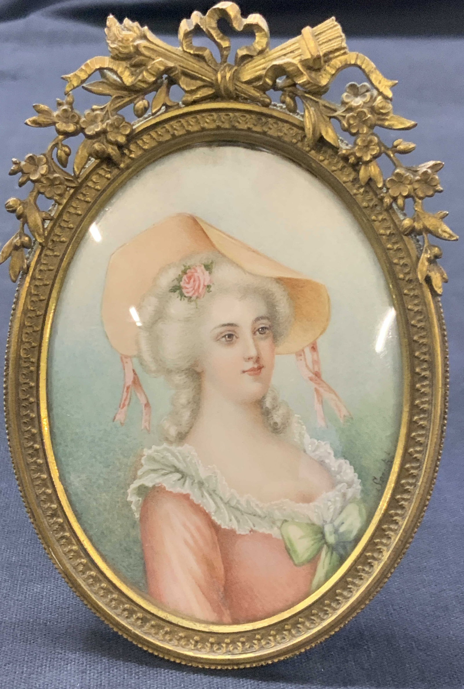 Antique Signed Framed Portrait Painting On Bone: Antique French portrait painting on bone. Signed on lower corner possibly reads Scaintet Depicts a 18Th century woman in Victorian fashion with tall hair with pink hat and pink gown with white ruffled