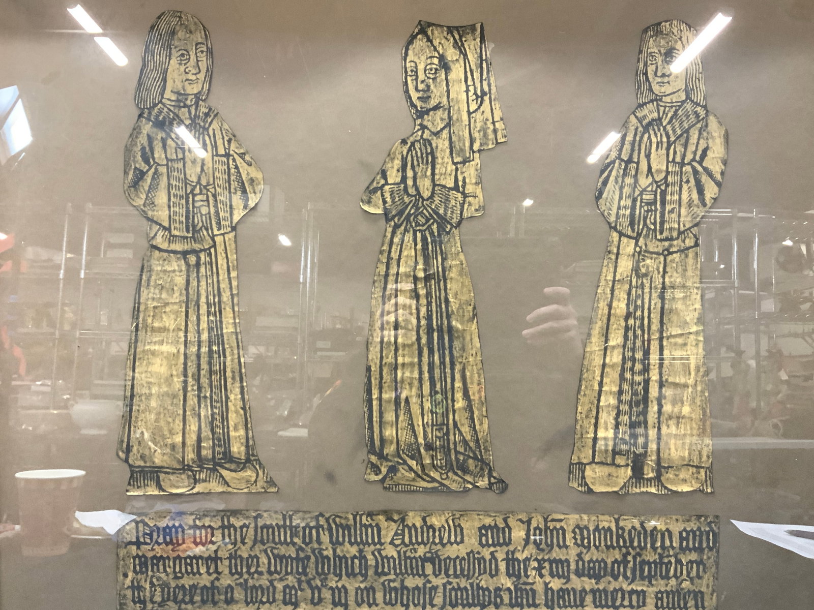 Antq Grave Stone Charcoal Rubbings W Prayer 2ft6in: Antique charcoal rubbings of figures in robes men and a woman with a prayer, possibly in old English underneath the figures. Rubbing possibly done from grave stone or church plaque. Framed in a gold p