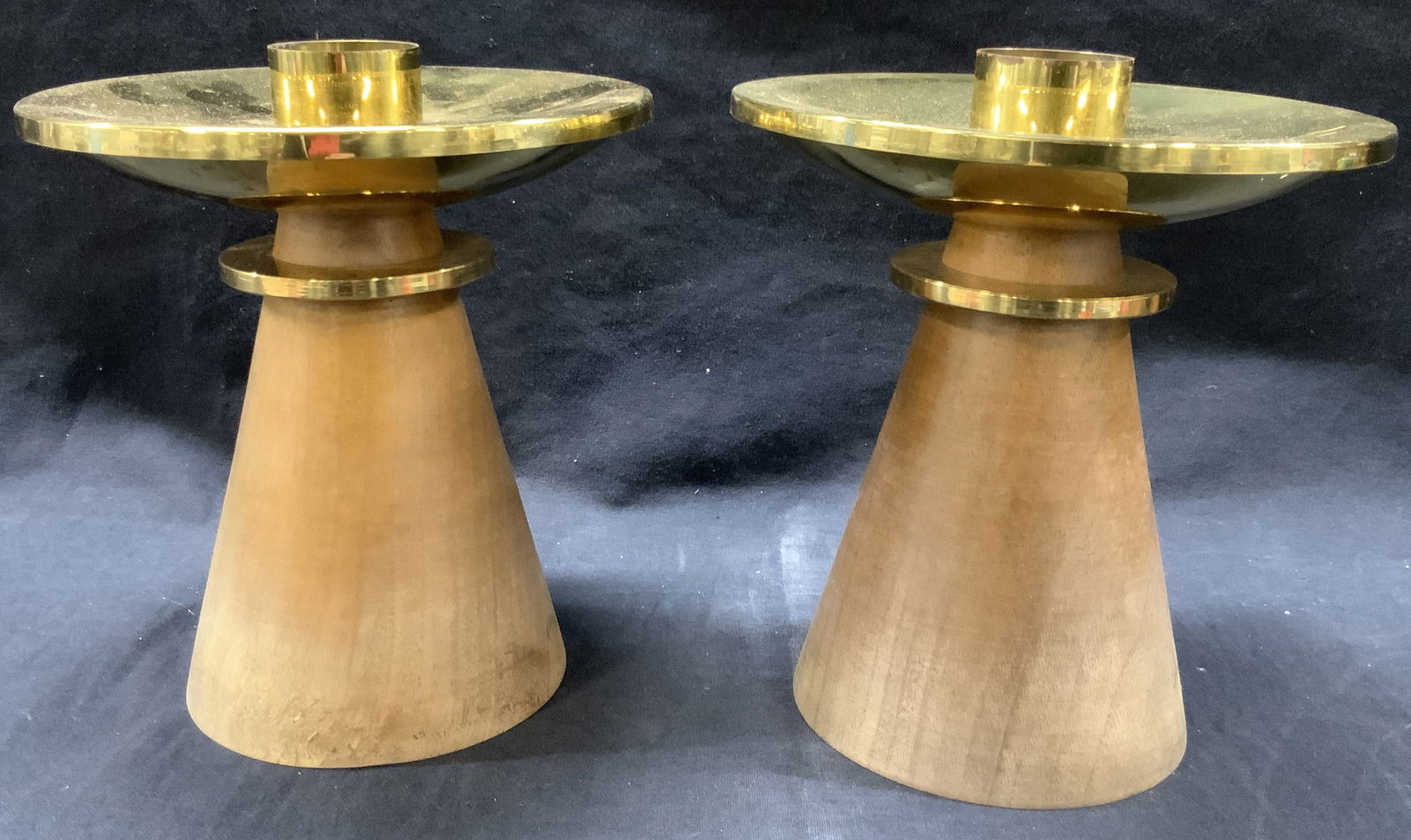 Pr MCM Walnut & Brass Candlesticks, Swiss c1960s (1 of 7)