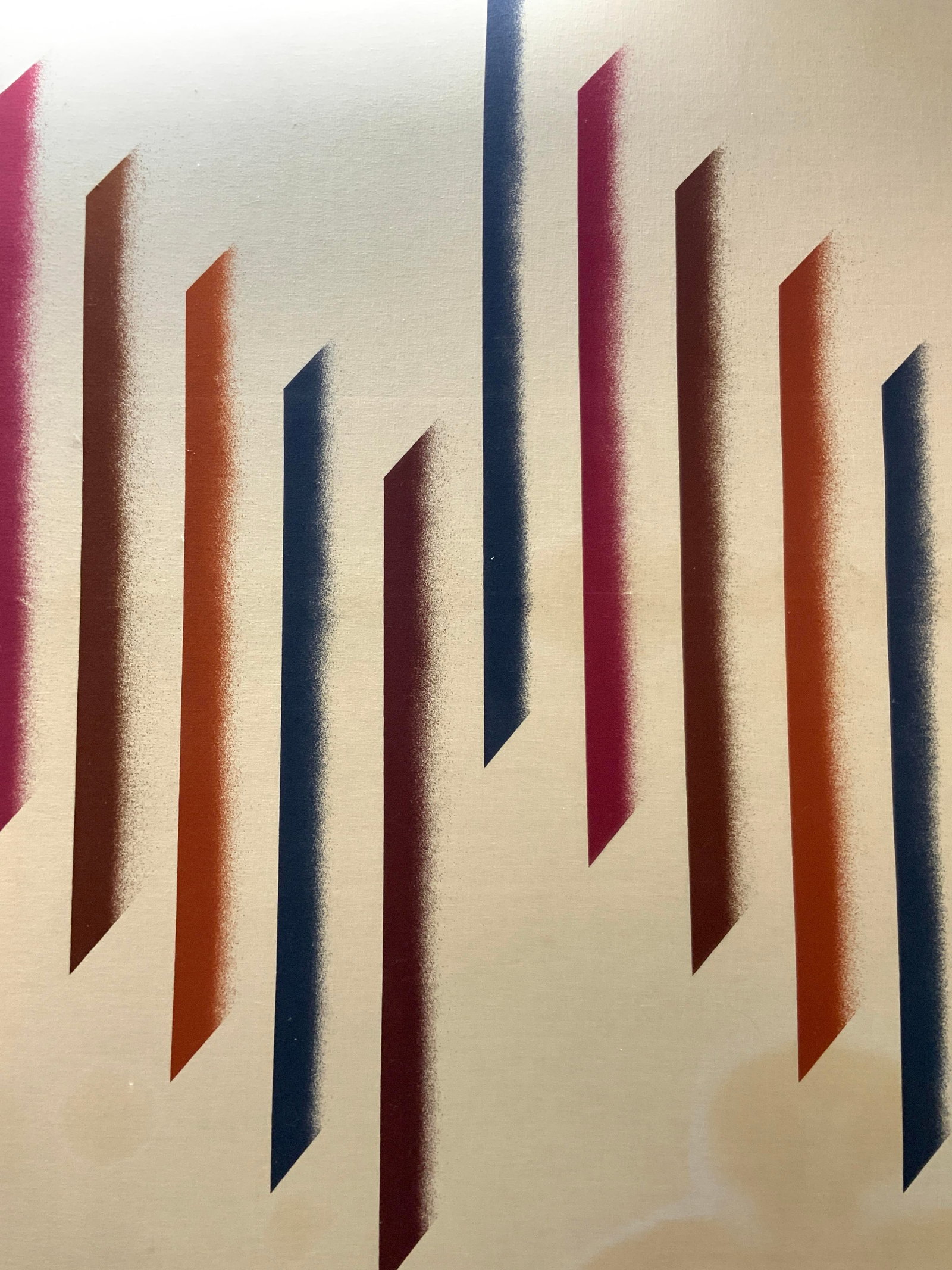 XL 4ft Modern Geometric Silk Screen On Fabric 1980: Approx 4ft 7 inches x 3ft 3 inches A off white fabric with modern style magenta, blue and orange geometric patterns. No frame. Moderate discoloration on lower half of fabric and pilling on surface Mod