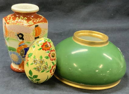 3 Hand Painted Satsuma Porcelain, Ink Well & More: Lot of 3 assorted porcelain, 1 satsuma porcelain vase. Marked hand painted, approx 4 inches tall. A green toned porcelain bottom half a possible ink well marked SOA France. And 1 hand painted wooden e