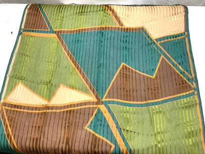 Pierre Cardin Sheer Color Block Silk Scarf, France: 34 in. square silk scarf, sheer with directional lining and color black abstract shapes in olive green, forest green, brown, tan, and ochre. Signed Pierre Cardin Paris lower right. Made in France. A c