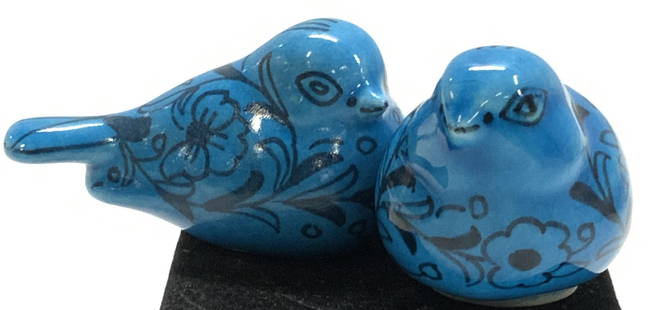 Signed Pair Ceramic Bird Figurines: Painted and glazed ceramic bird figurines. Bright blue. Measure 3 x 1.75 x 1.75 in. Signed Artist , illegible. Decorative arts, Ceramic bird figurines, home decor and accessories, birds, ceramics, hom