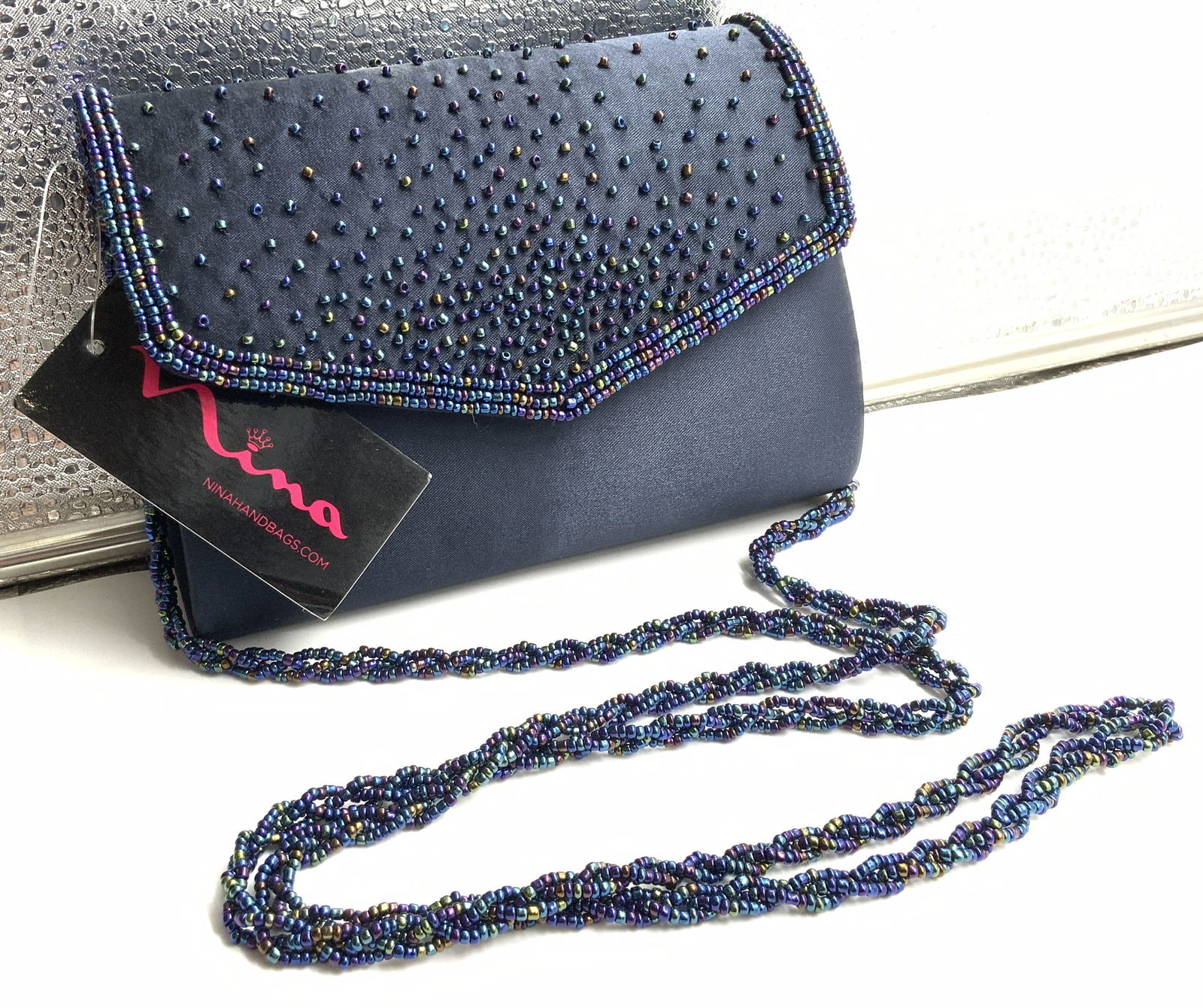 NINA Navy Satin Evening Bag w Beaded Strap NWT (1 of 7)