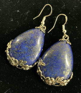 Hand Crafted Sterling Silver Lapis Lazuli Earrings: Chunky and heavy lapis lazuli tear drop shape dangle earrings set in hand crafted sterling silver with floral design and large rose backside setting. Fish hooks marked 925. Stone size approx 1.5 in. x