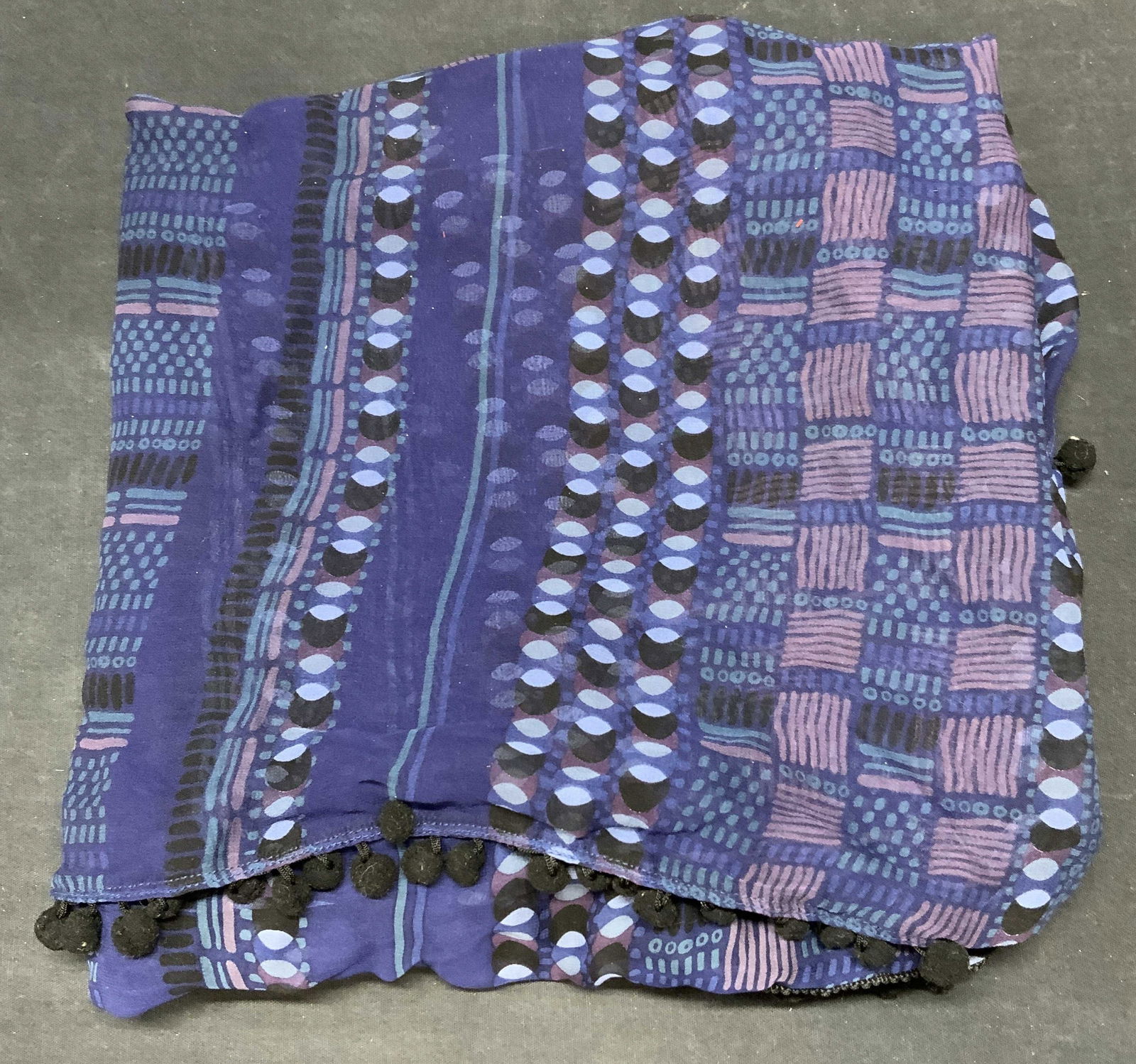 Blue Patterned Black Pom Pom Trim Scarf (1 of 6)