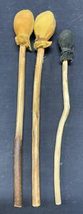 Lot 3 Vintage Handmade Drum Mallets: Lot of 3 vintage handmade drum mallets. Wood handles with leather heads. Largest measures approx. 15 inches long. All pieces have some wear to wood and leather consistent with exposure. Drum mallet, l