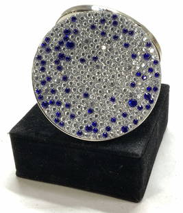 Crystal Studded Mirror Compact: Silver tone mirror compact with push button opening and cobalt and clear bejeweled crystals and silver glitter. 2.75 in. Evening accessories, ladies accessories, mirror compact, ladies fashion accesso