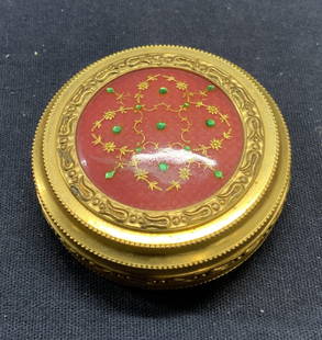 Vintage Gilt Metal Round Trinket Box: Vintage gilt metal round shaped trinket box with hand painted decoration. Measures approx. 2 x .75 inches. Some surface wear including scratching observed. Trinket box, gilt trinket box, metal trinket