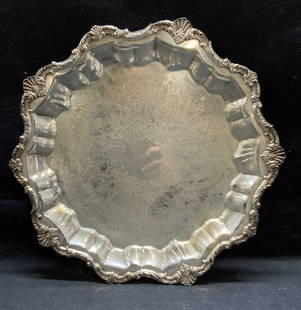 Vtg WAVERLY by Wallace Silver Pl Scroll Platter 14: Vintage WAVERLY by Wallace silver plated tray with scroll motif and raised rim. Trademarked to underside. Measures approx. 14.75 inches diameter. Some surface wear including scratching observed. WAVER