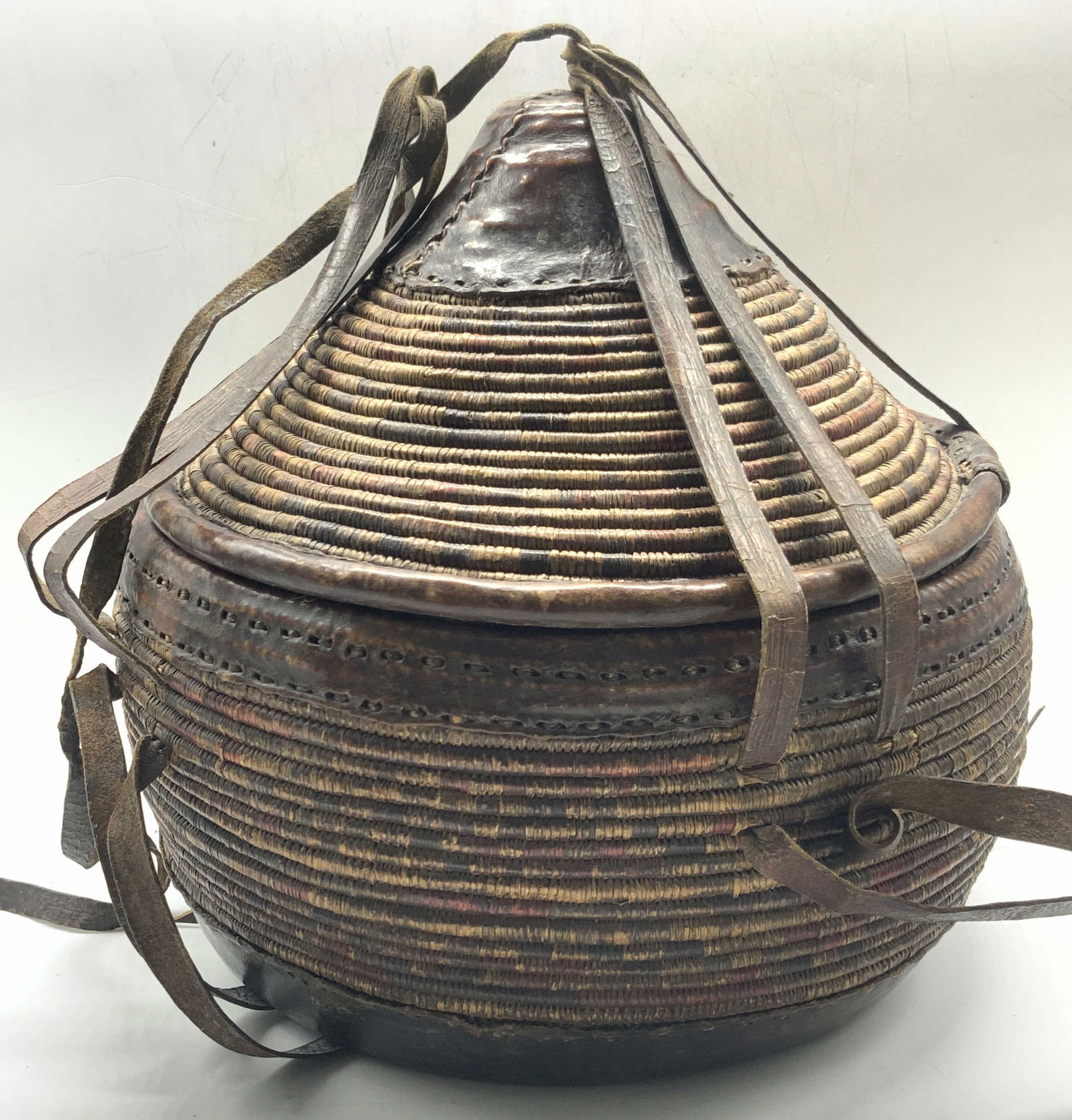 Vintage Rattan & Leather Woven African Food Basket (1 of 11)