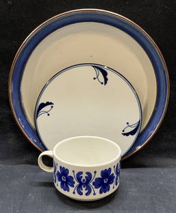 Lot 3 Richard GINORI & DANSK Tableware: Lot of 3 pieces. DANSK Floral pattern porcelain trivet. Trademarked to underside. Measures approx. 7 inches diameter. DANSK blue and brown striped ceramic dish. Trademarked to underside. Measures appr