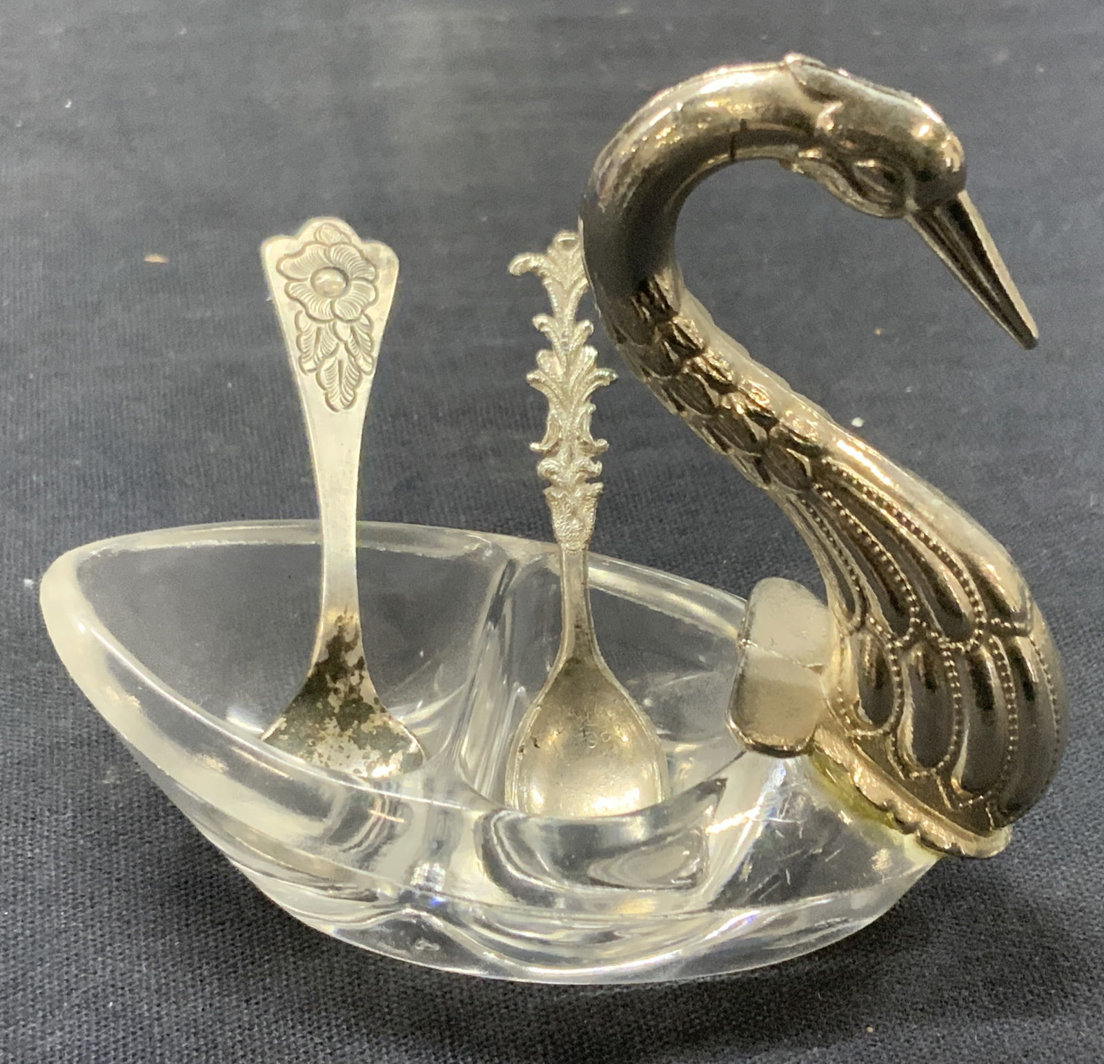 3 Swan Salt Cellar W Spoon & Sterling Silver Spoon (1 of 8)