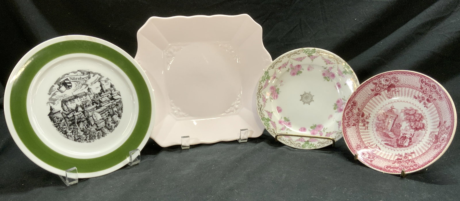 Lot 4 Vintage Porcelain Plates, Tuscan England +: Lot Includes 4 Porcelain plates. Each plate is trademarked on underside. Includes trademarks such as TUSCAN FINE ENGLISH BONE CHINA MADE IN ENGLAND, HERTEL JACOB BAVARIA GERMANY, GRECIAN, & IMPERIAL C
