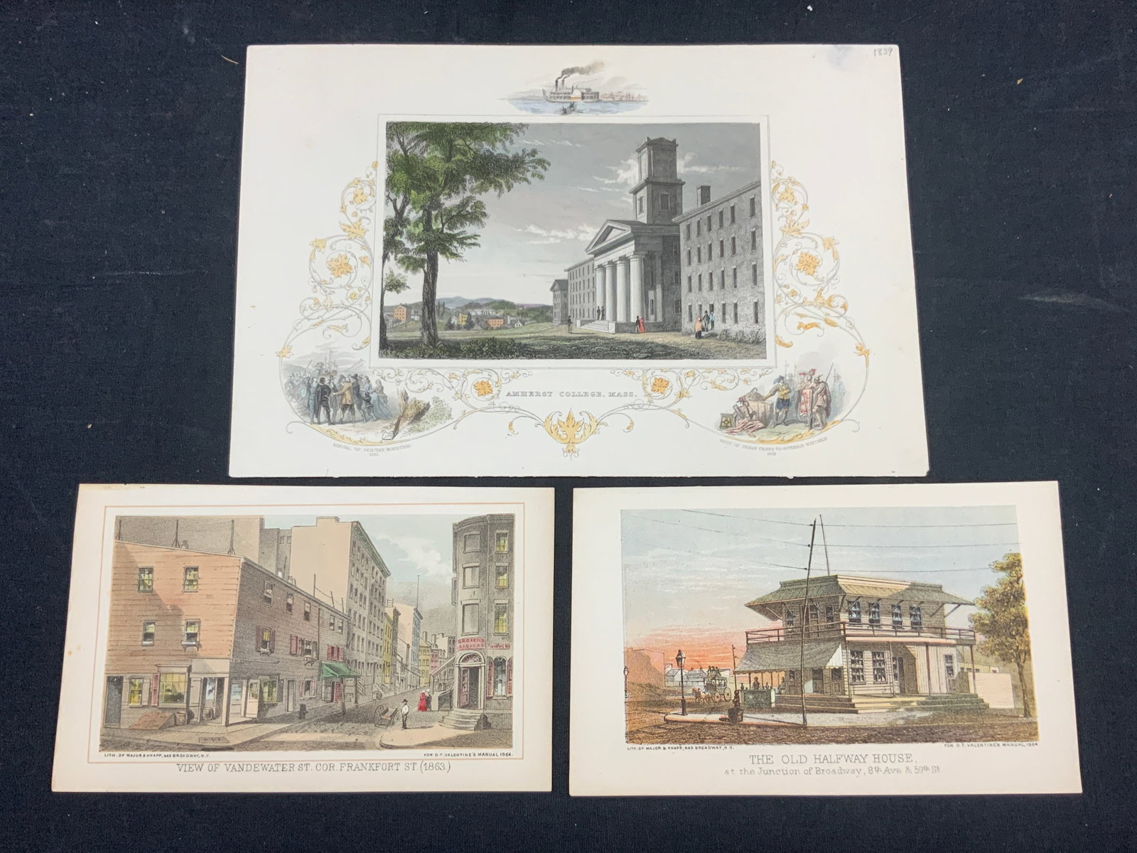 3 Antique Full Color Land & Cityscape Lithos 1860s: Lot of 3 antique full color lithographs. 1 marked Amherst College Mass, depicting the exterior of the college and the city in the distance, with scroll detailing around the illustration. Approx 7 x 10
