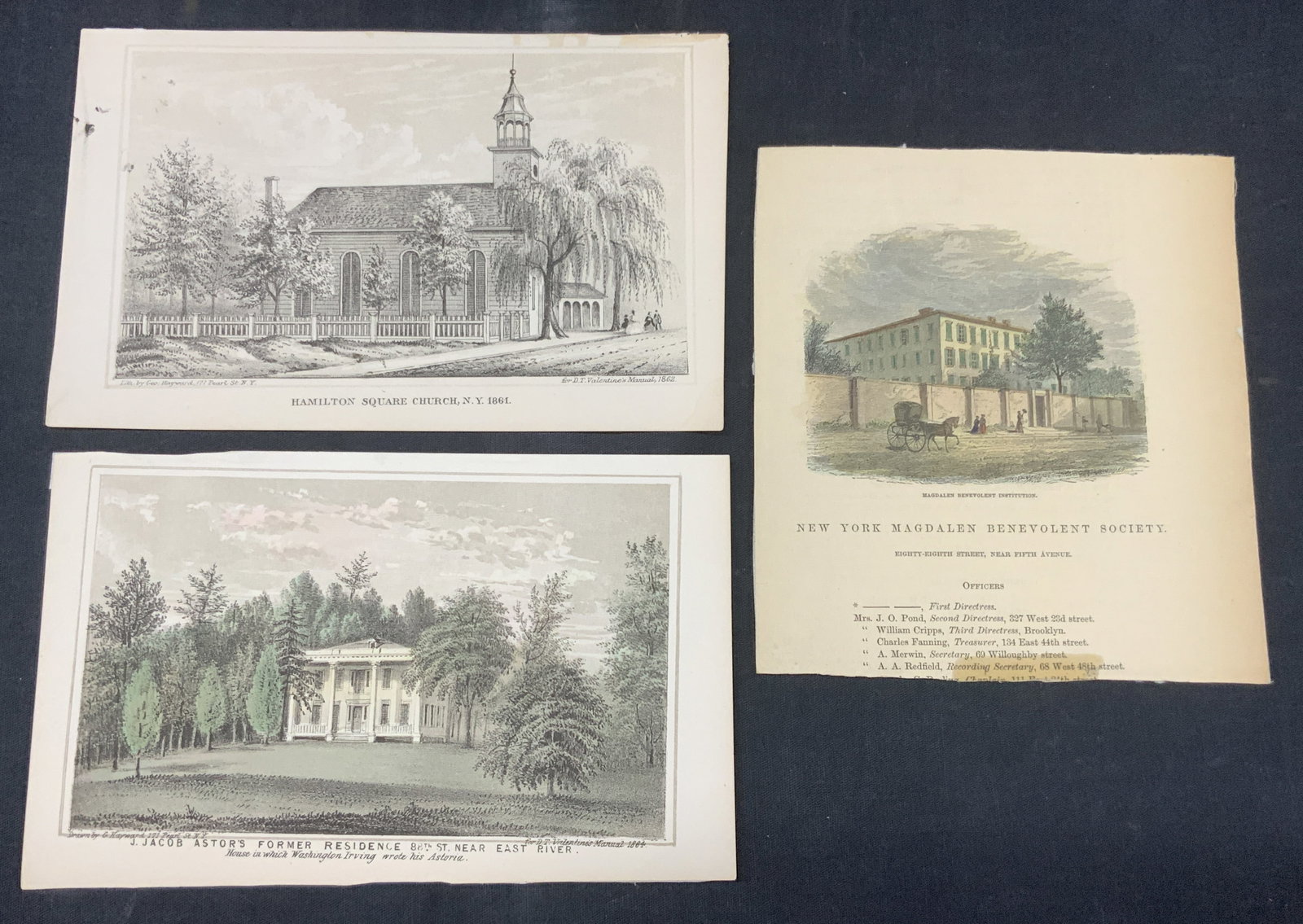 Lot 3 Antique Full Colored Building Litho, 1860s: Lot of 3 antique full color lithographs. 1 marked Hamilton square church, NY, 1861,depicting the exterior of a Church, approx 4 x 7 inches, and the other 2 read J.Jacobs Astors Former Residence 88St n