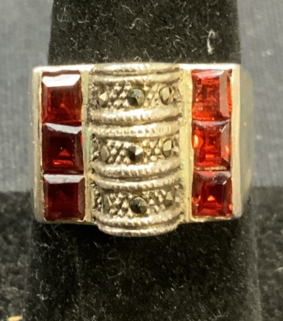 Sterling Silver Marcasite & Red Crystal Ring (1 of 6)